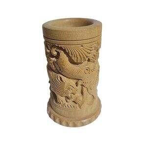 India 4" Carved Wood Animal Art Relief Pen Pencil Holder Desk Decor Sculpture